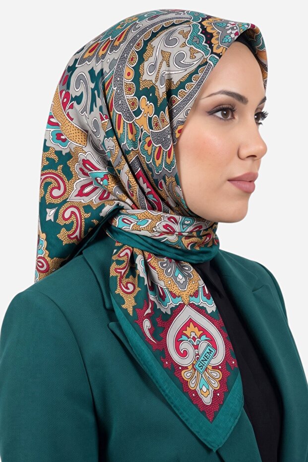 Women's Green Authentic Shawl Patterned Stitched Writing Cotton Cheesecloth Scarf