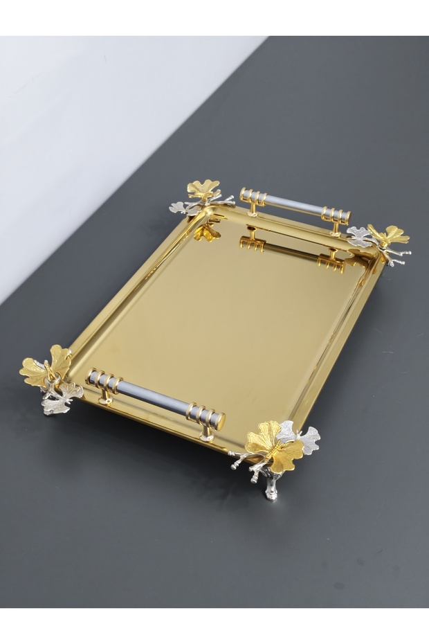 Figured, Metal-Handled, Stainless Steel Rectangular Tray Luxury Presentation Tray Light Gold-Silver
