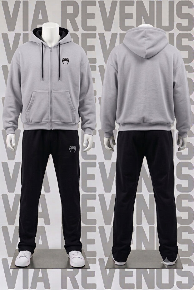 Venom Printed Zippered Hooded Tracksuit Set - Relaxed Fit 3 Thread Zippered Sweatshirt and Sweatpants Set