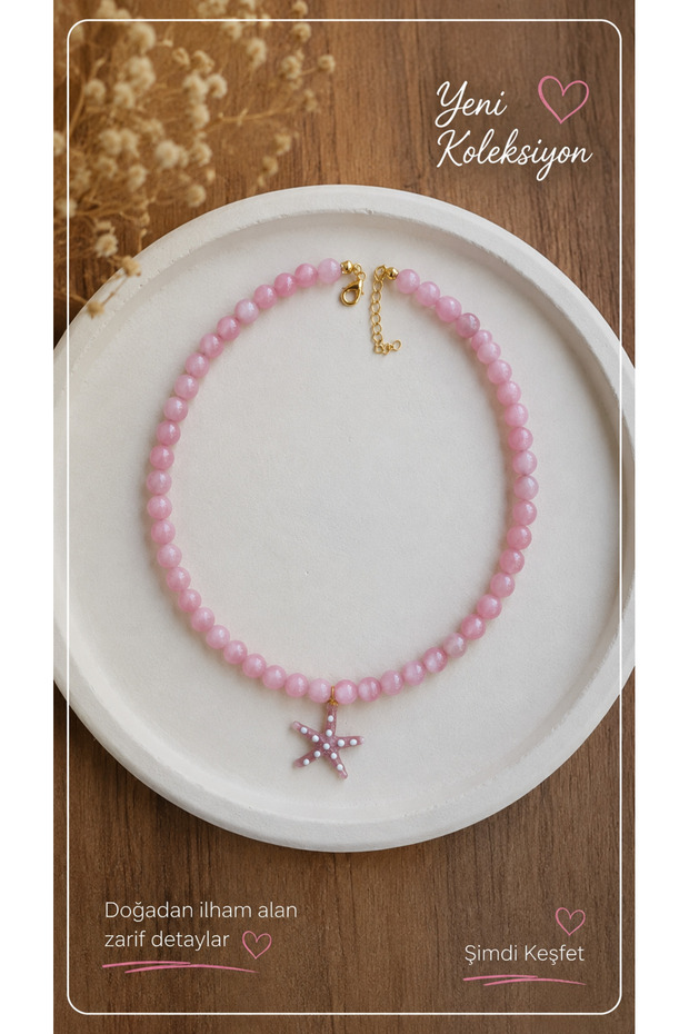 Pink Quartz Natural Stone Murano Glass Starfish Pendant Summer Necklace