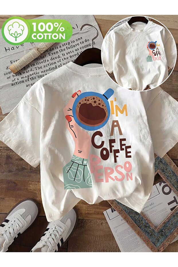 Unisex Coffee Printed Oversize Crew Neck T-Shirt