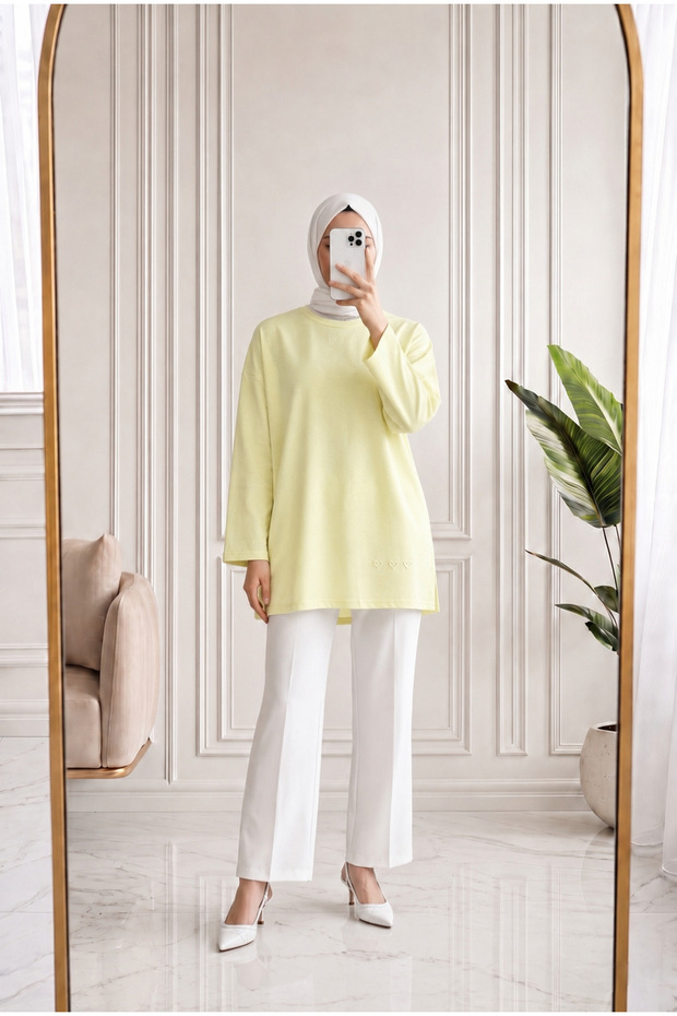 Mahay Heart Embroidered Slit Tunic-Ss13074 Yellow