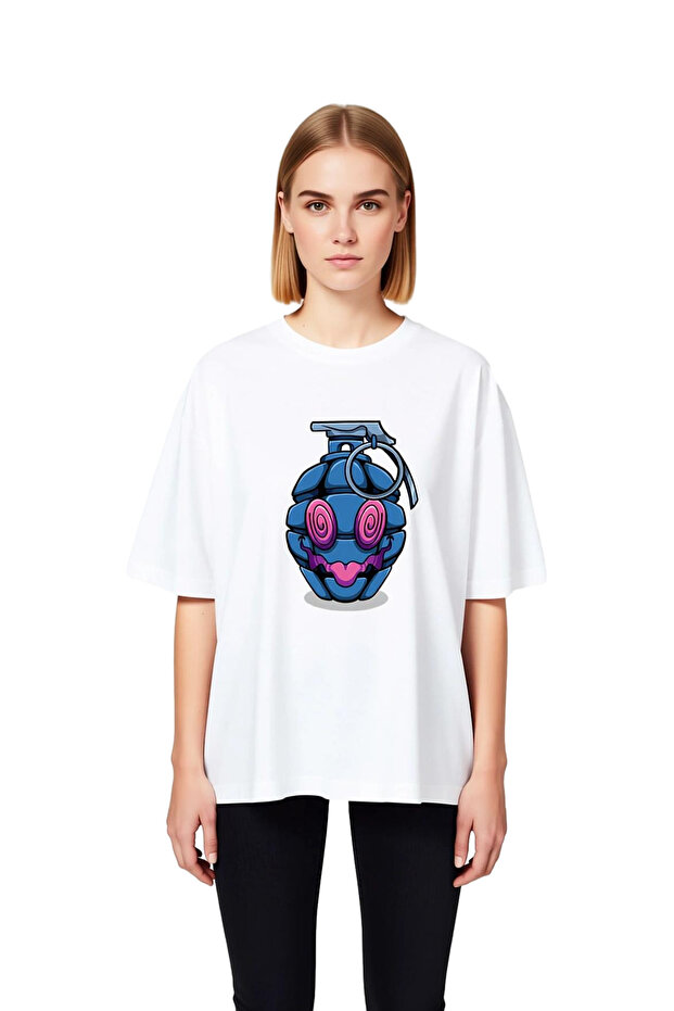 Smiling Grenade Spiral Eye Printed Women's Oversize T-Shirt