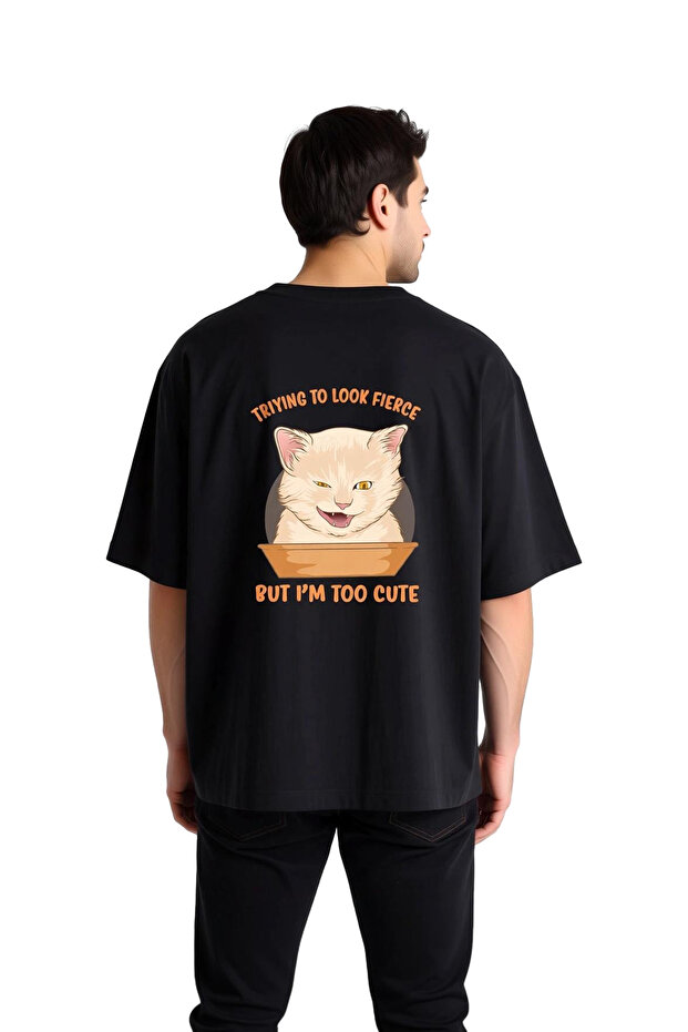 Men's Oversize Printed T-Shirt Cat Pattern Funny Text Detailed Relaxed Fit Casual Wear Modern Stylish