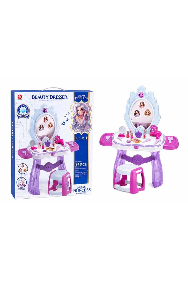 Kids Princess Beauty Dresser Vanity Play Set with Mirror, Stool & Makeup Accessories, 35 Pieces Role Play Makeup Table, Light & Sound Pretend Play Toy for Girls, Dressing Table Gift for Kids Ages 3+