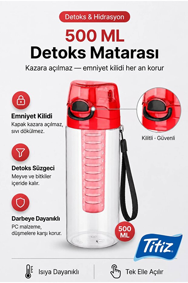 Detox Lockable Lid Polycarbonate Water Bottle with Filter 500 ml