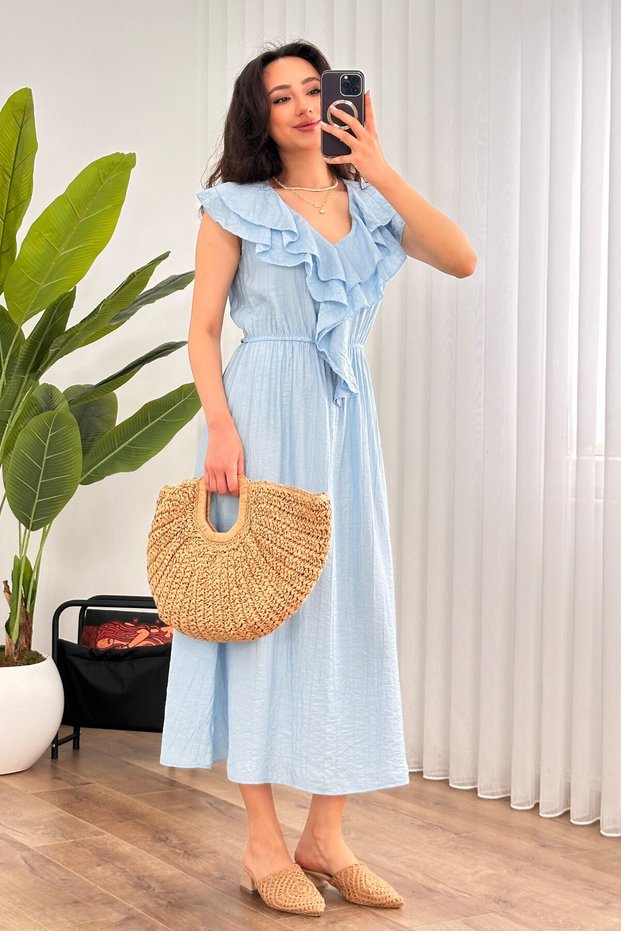 Women's Baby Blue Midi V-Neck Ruffle Detailed Woven Dress with Elastic Waist