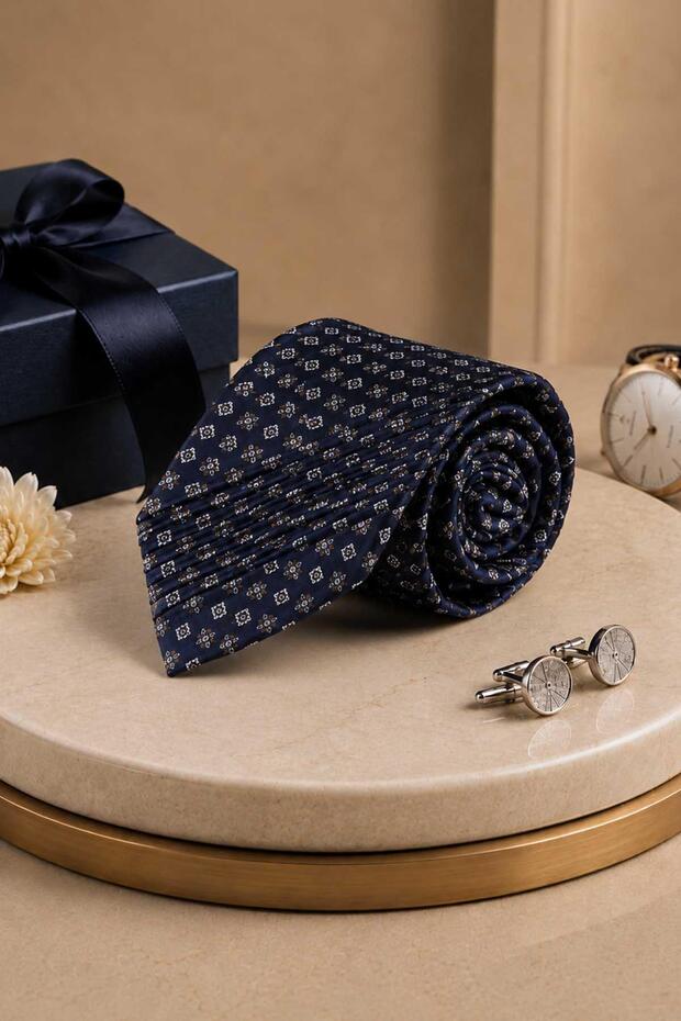 Navy Blue Small Pattern Italian Silk Pleated Tie Est236