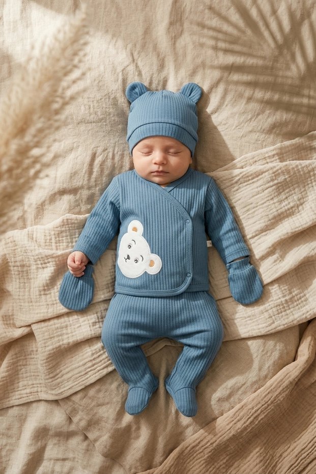 Sage Navy Blue Teddy Bear Embroidered Baby Boy Ribbed Cotton 5-Piece Newborn Hospital Release Set and Baby Jewelry