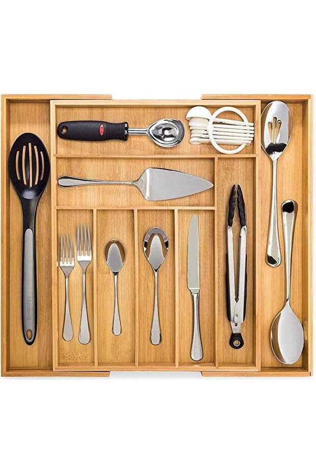 Bamboo Silverware Organizer for Drawer, Expandable Silverware Tray for Drawer, Kitchen Drawe