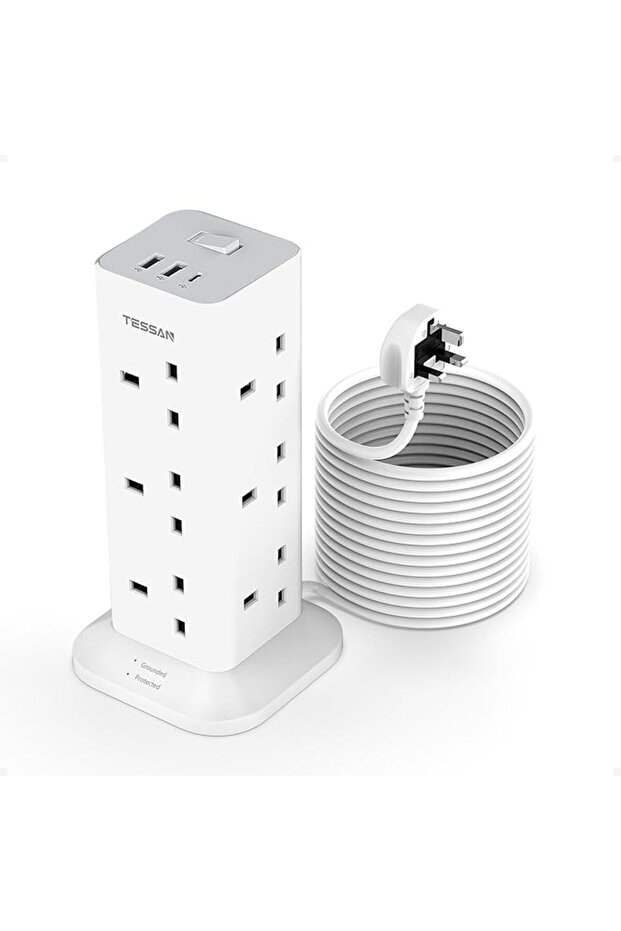 وصلة تمديد كهربائية بطول 5 متر مع منافذ USB-C، مقبس تمديد بـ 12 منفذ و3 منافذ USB، متعدد الاستخدامات