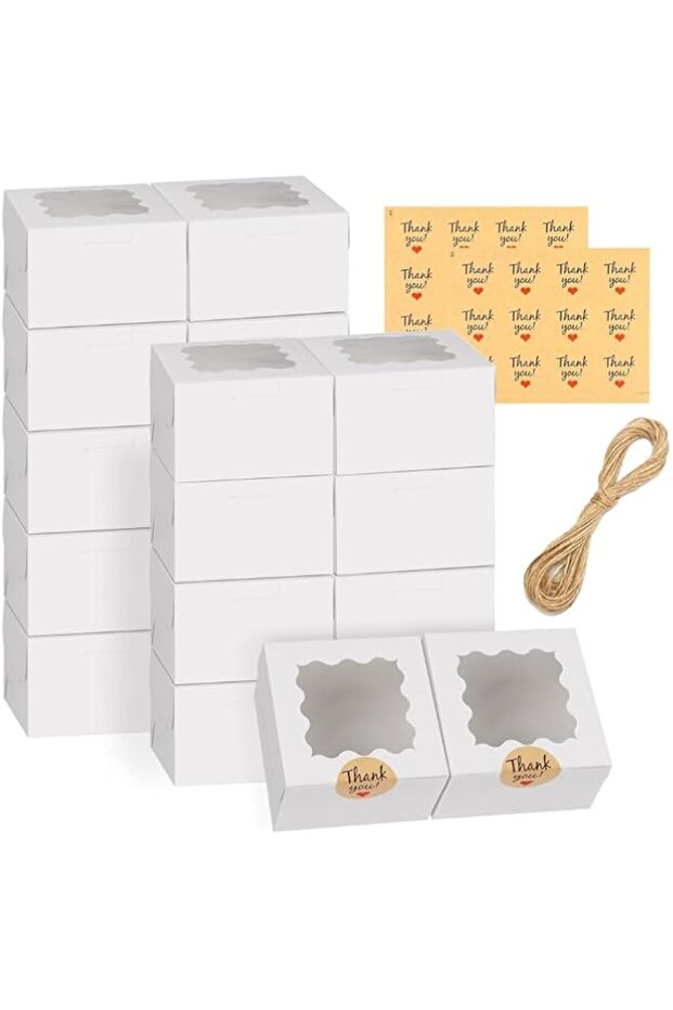White Bakery Boxes with Window, 4x4x2.5 Inches Small Cookie Boxes with 20pcs Stickers, for Mini Cake Treat Dessert Pastry Donuts Macaroon Strawberries Chocolate Candy