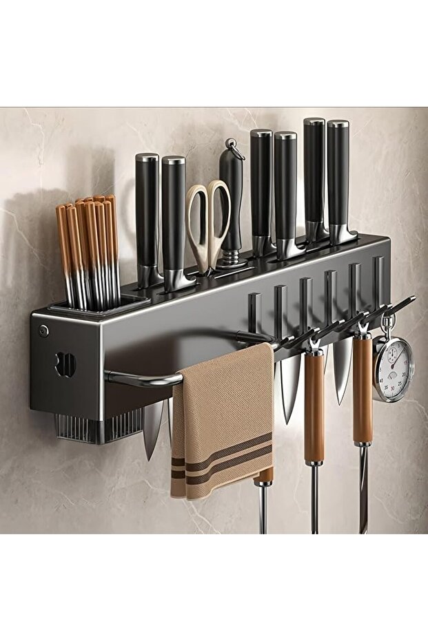 Wall Mounted Kitchen Utensil Rack with Hooks – Space Saving Kitchen Organizer Shelf for Cutlery, Kni