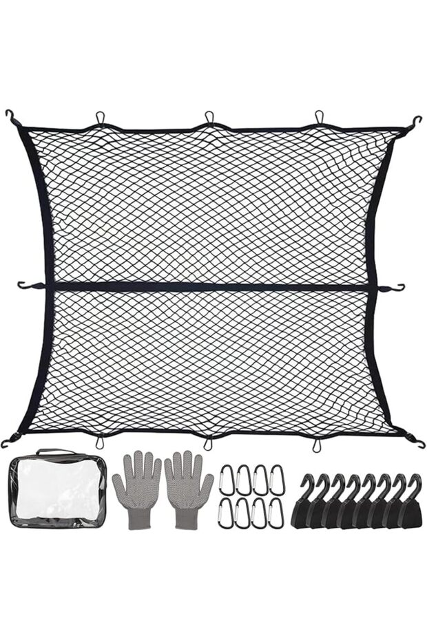 Upgraded 8 Hook Elastic Truck Bed Cargo Net | with ABS Carabiners & Work Gloves, Adjustable 4x4ft to