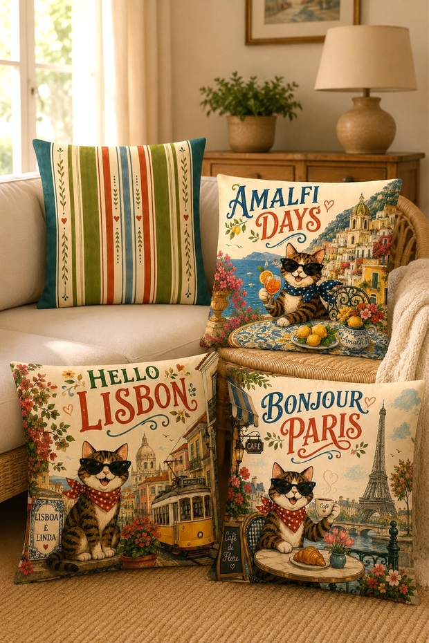 Traveler Fun Cat Patterned 4-Piece Throw Pillow Cover Set
