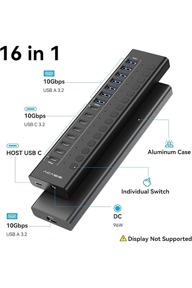 موزع USB 3.2 بـ 16 منفذ (8 منافذ USB-A 3.2 + 8 منافذ USB-C 3.2)، بسرعة 10 جيجابت في الثانية |   مفتاح تشغيل/إيقاف فردي