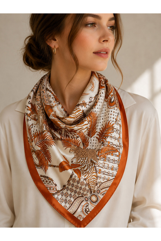 Women's 70X70 cm Orange Leopard and Ethnic Patterned Satin Scarf