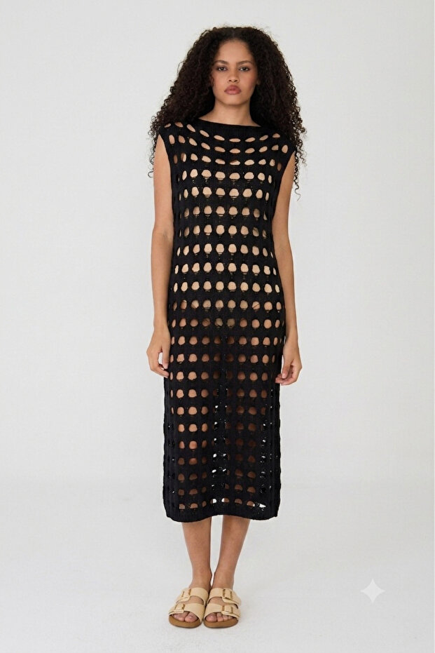 Women's Ecru Hole Detailed Openwork Knitwear Beach Dress