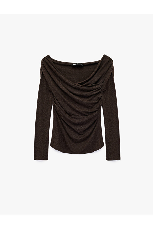 Asymmetric Collar Long Sleeve Gathered Blouse