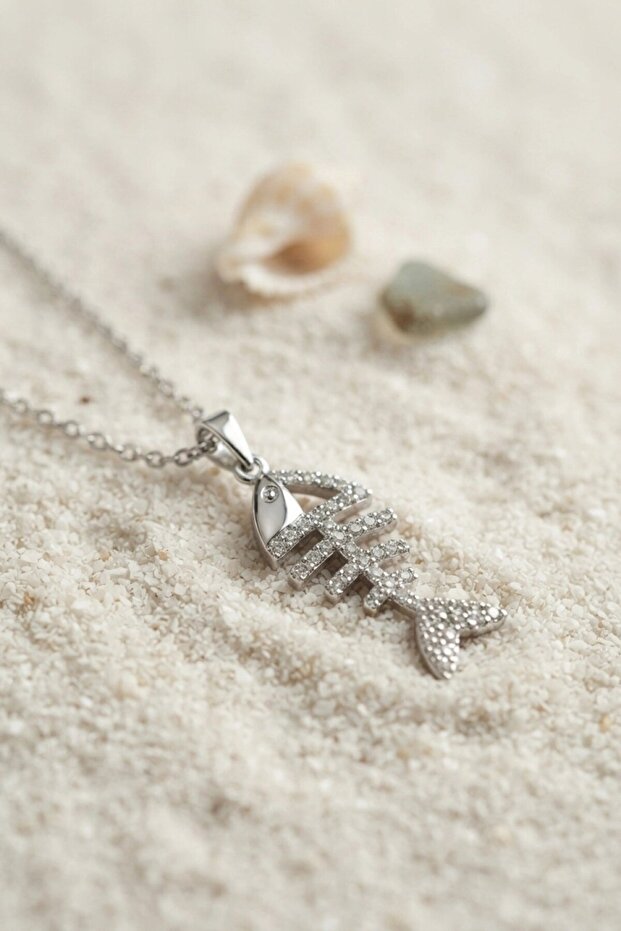 ® 316L Steel Chain Silver Color Minimal Zircon Stone Fish Bone Necklace