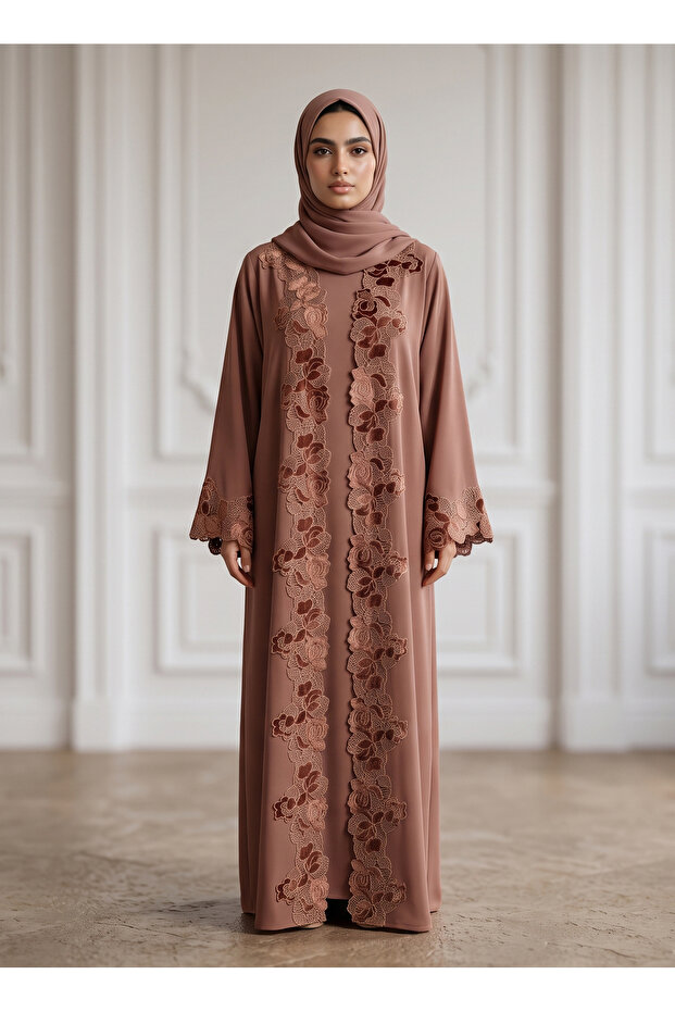 Muted Rose Appliqué Lace-Bordered Abaya