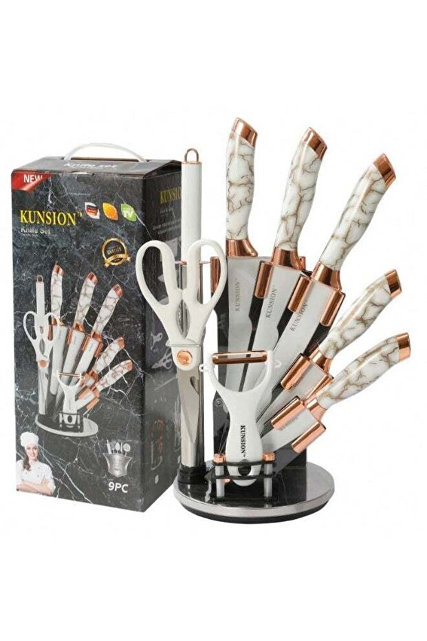 KUNSION 9-Piece Kitchen Knife Set with Elegant Marble Pattern Handles, Stainless Steel Blades, Multipurpose Kitchen Scissors, Vegetable Peeler and Stylish Knife Holder, Complete Cutting and Food Prepa