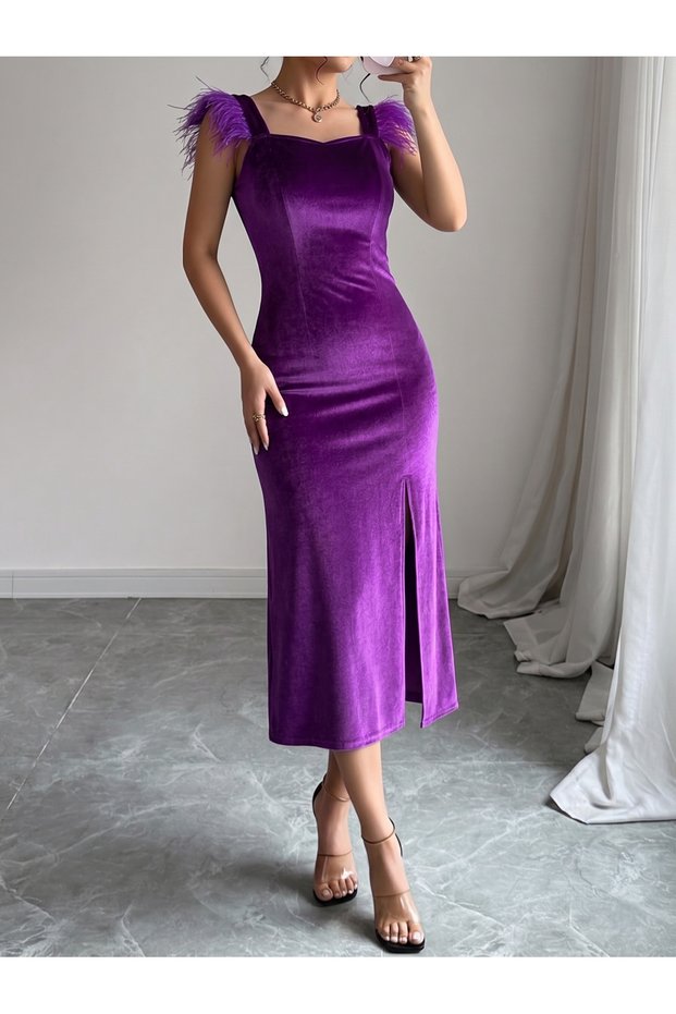 Women's Square Neck Shoulder Detail Stylish Dress