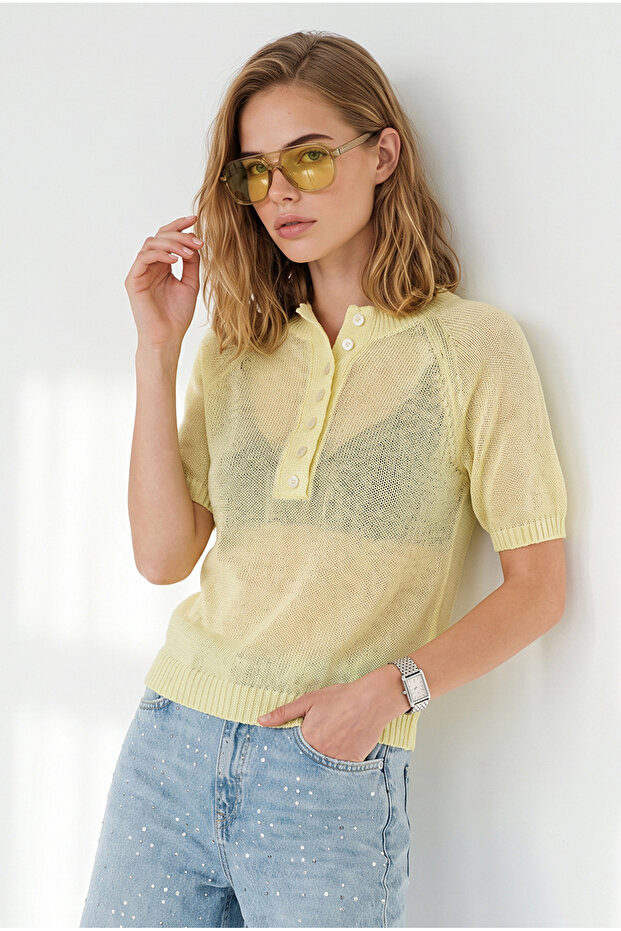 Women's Yellow Buttoned Mercerized Blouse Blz-19003445