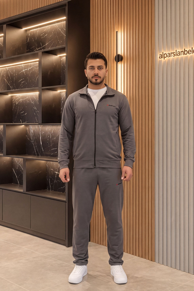 Two-Thread Zippered Stand-Up Collar Pocketed Men's Tracksuit Set Anthracite