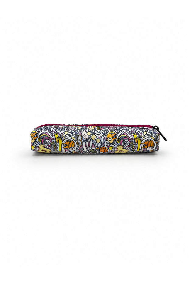 Patterned White Color Zippered Small Pencil Case