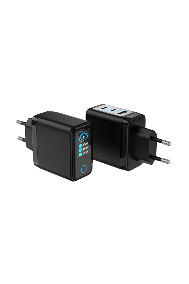 EU-Black 65W GaN Fast Charging Station with LCD Digital Screen, PD3.0 Wall Charger for Laptop, iPhon