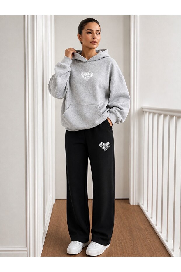 Patterned Heart Printed Men's Hooded Tracksuit with Piped Trim Bottom/Upper Set