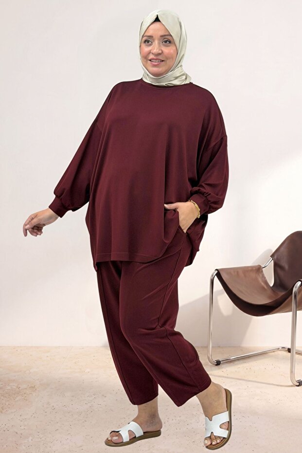 67069 Plus Size Low Sleeve Modal Pants Suit - Burgundy