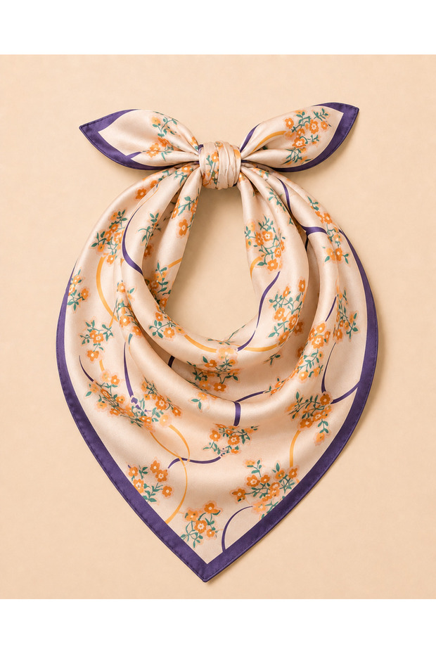 Women's Yellow Floral Patterned 50X50 cm Satin Scarf, Silky Textured Square Neck Hair and Bag Accessory with Purple Edges
