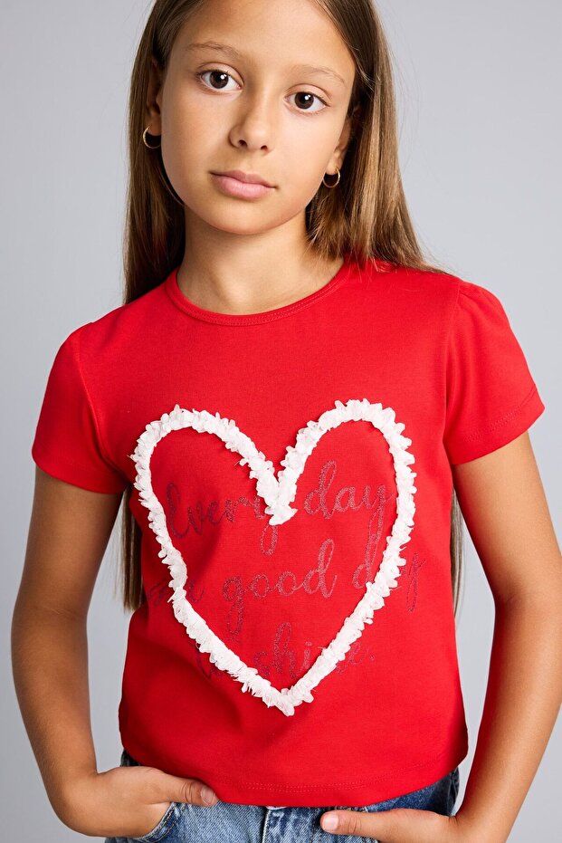 Regular Fit Crew Neck Heart Printed Short Sleeve T-Shirt Girls I4393A826Au