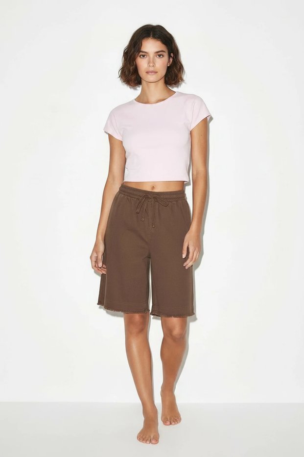 Women's Cotton Linen Brown Shorts with Elastic Waist and Tie Pocket Detail