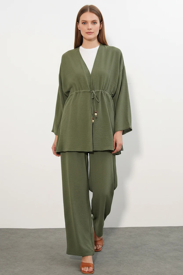 Women's V-Neck Belted Khaki Suit