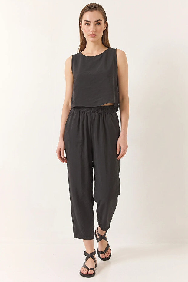 Women's Thick Strap Blouse with Elastic Waist Modal Black Set