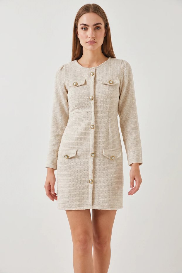 Women's Beige Dress with Pocket Flap Detail and Buttons