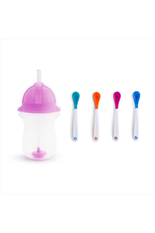 Click-Lock Tip Straw Training Cup, 12 Months+, 296ml, Purple and Heat Indicator Soft Tip Baby Spoons Set of 2