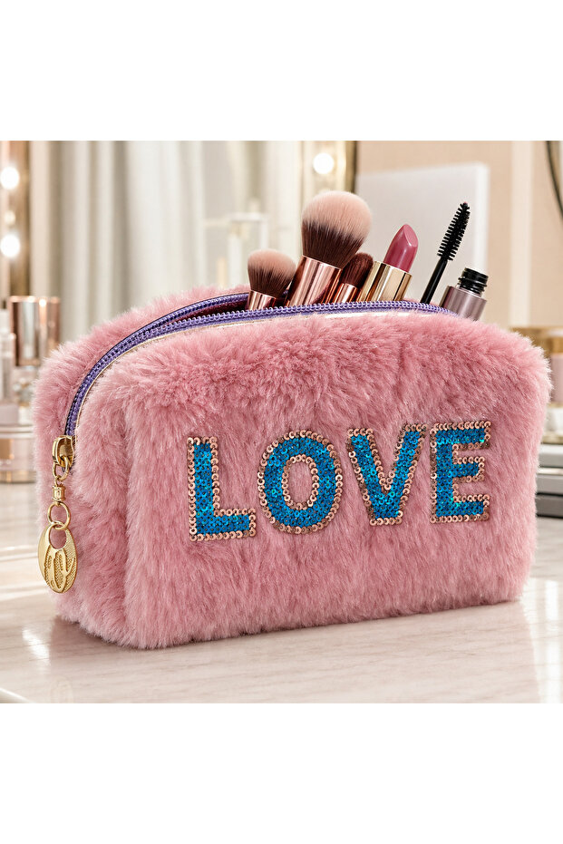 Plush Pen Holder and Makeup Bag Zippered Multi-Purpose Organizer Bag Rose