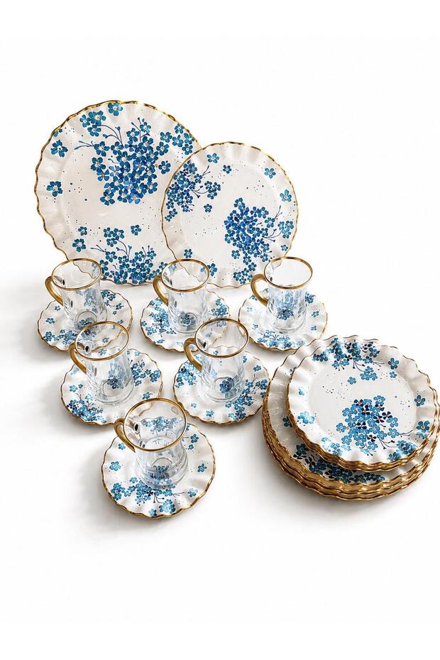 Blue Flower 24-Piece Breakfast Set with Handles.