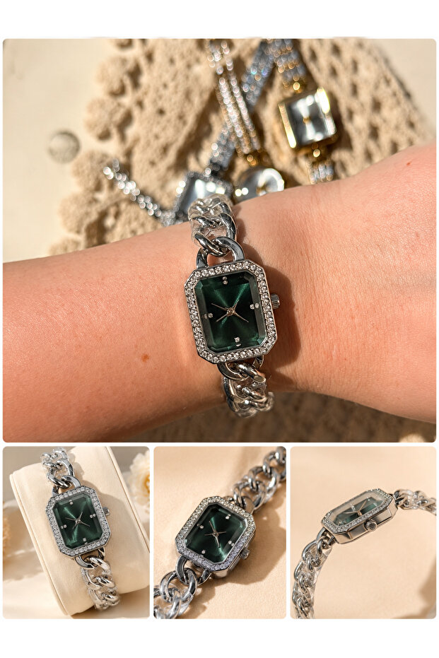 Green Dial Women's Wristwatch Silver Chain Bracelet Model Stone Square Analog Watch
