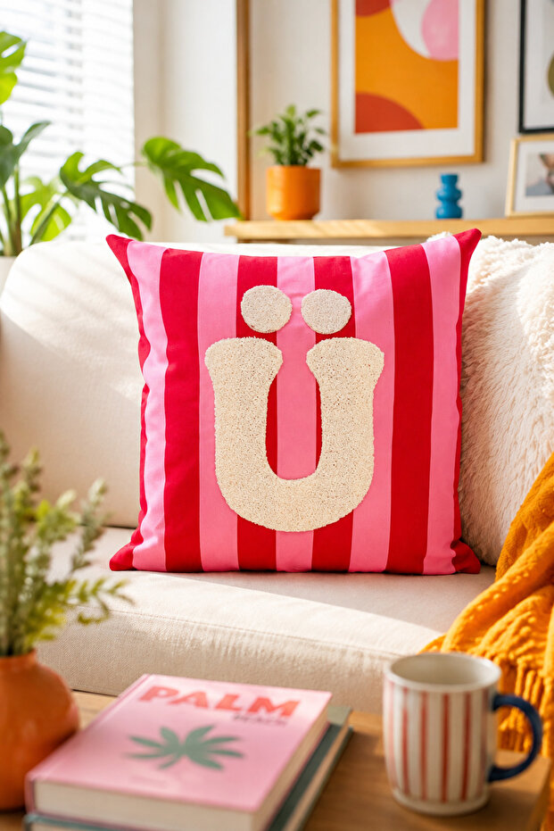 Punch Embroidered Throw Pillow Cover - 43*43 cm - Pink Letter U - Pnk001