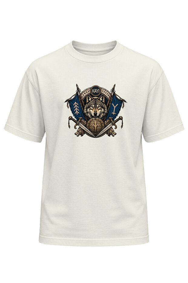 Unisex Bozkurt Kayi Printed T-Shirt – Old Turkish Motif Wolf Pattern Casual T-Shirt
