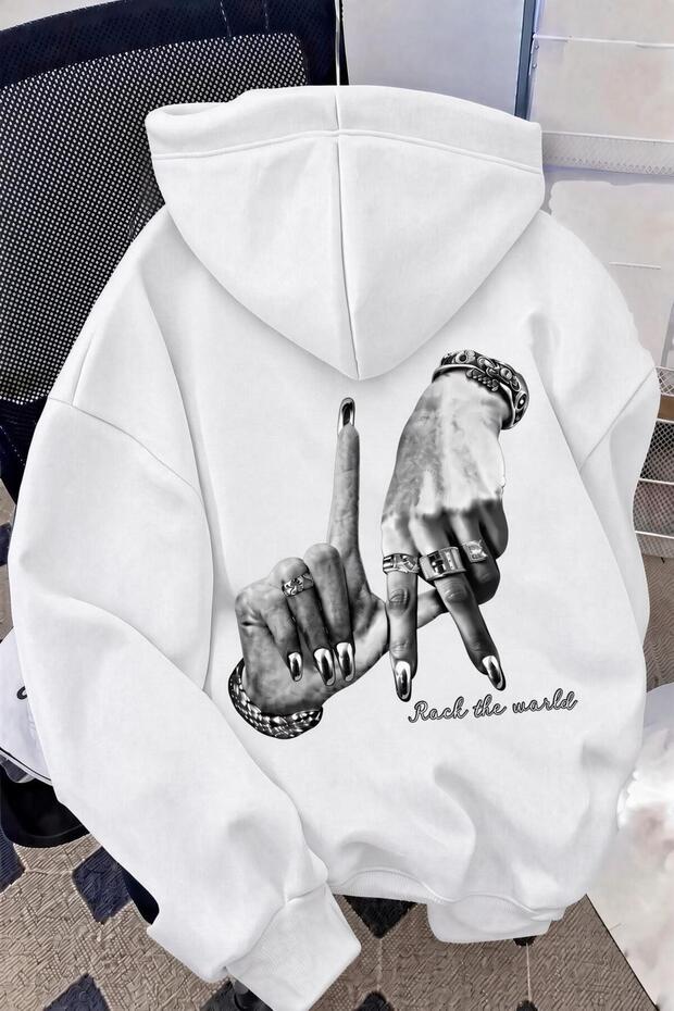 Unisex Oversize La Back Printed "Rock the World" Hooded Sweatshirt Hoodie