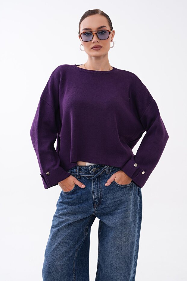 Women's Knitted Loose Sweater with Button Detail on Sleeves 265015 -