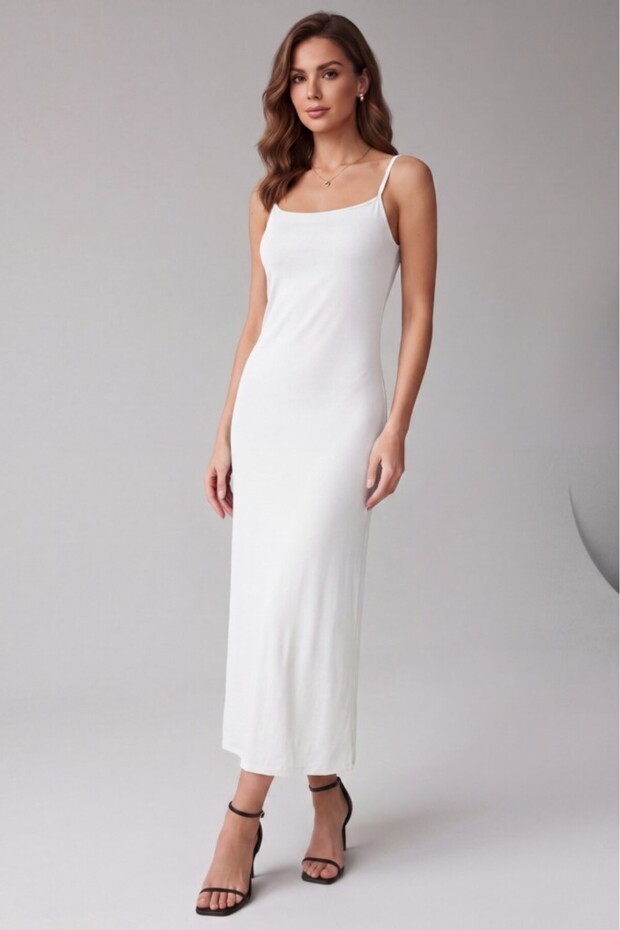 Women's Rope Strap Square Neck Viscose Long Basic Dress White