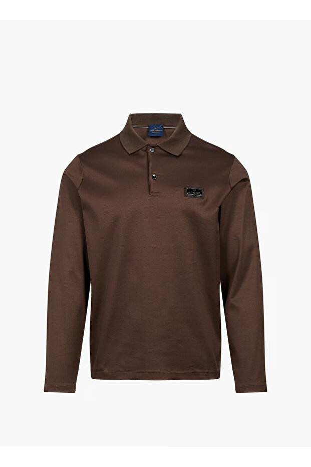 Men's Regular Fit Cotton Logo Label Long Sleeve Brown Polo Collar T-Shirt