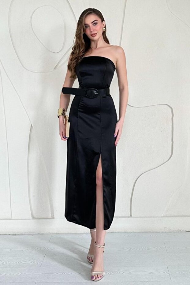 Black Strapless Satin Dress